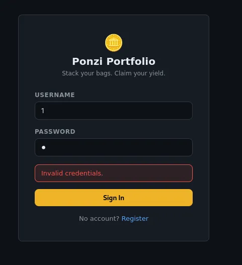 The Ponzi Portfolio login form rejecting the initial credentials