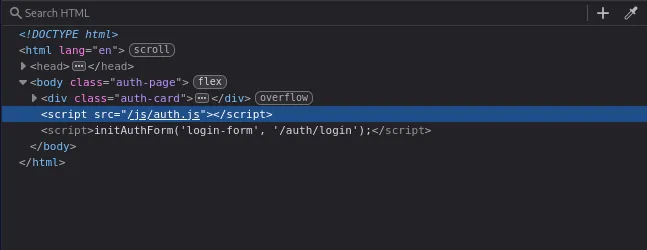 The login page source referencing the client-side authentication script