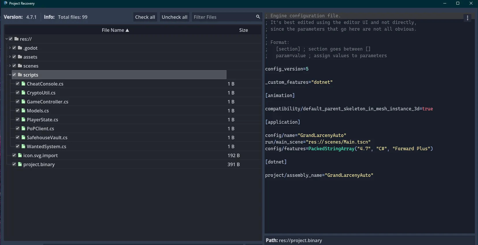The recovered Godot project showing the C# game and server client scripts