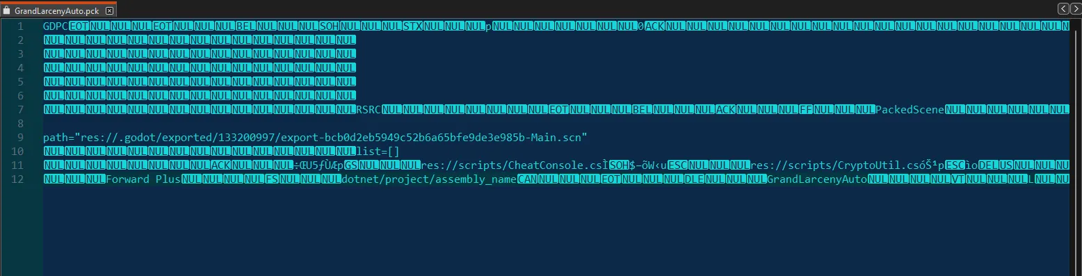 The Godot PCK opened as binary data with C# resource paths still visible