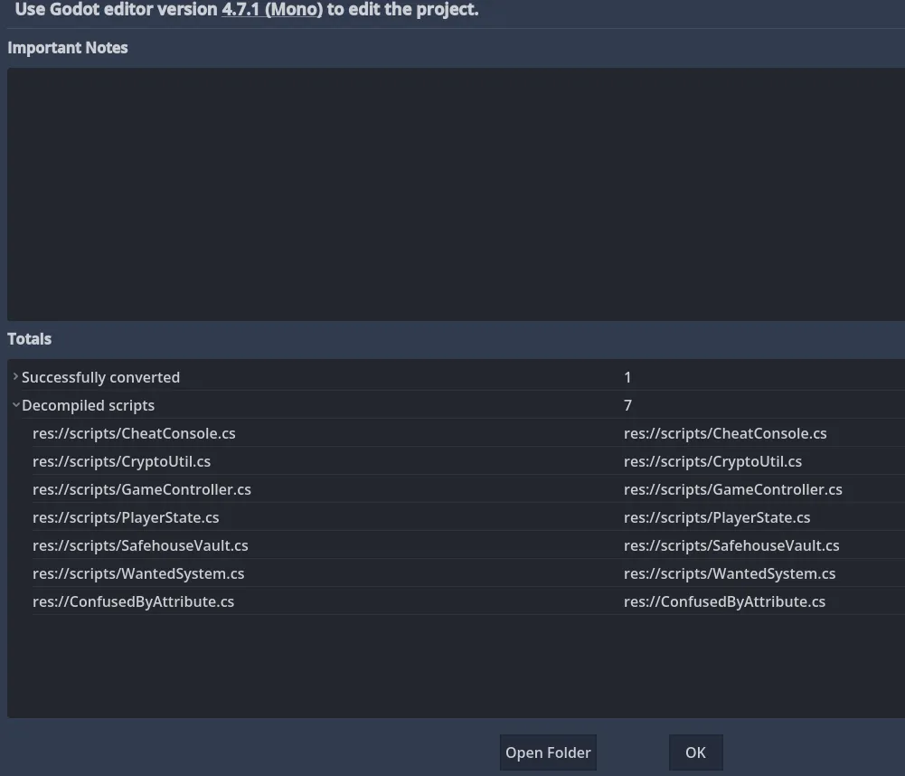 GDRE Tools reporting seven decompiled C# scripts from the Godot project