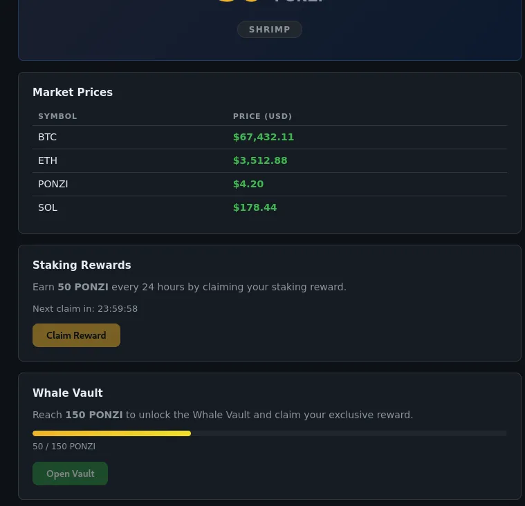 The initial dashboard showing a 50 PONZI balance, reward timer, and 150 PONZI vault threshold
