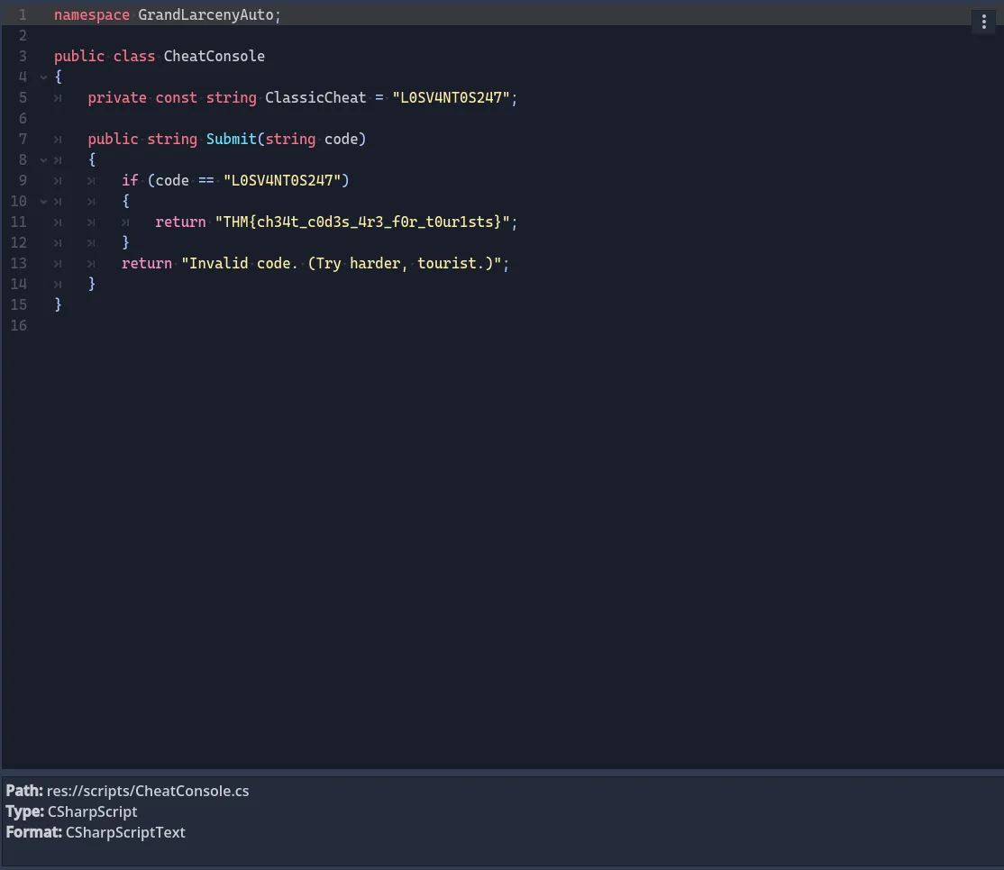 The decompiled cheat console containing a hard-coded cheat and decoy flag