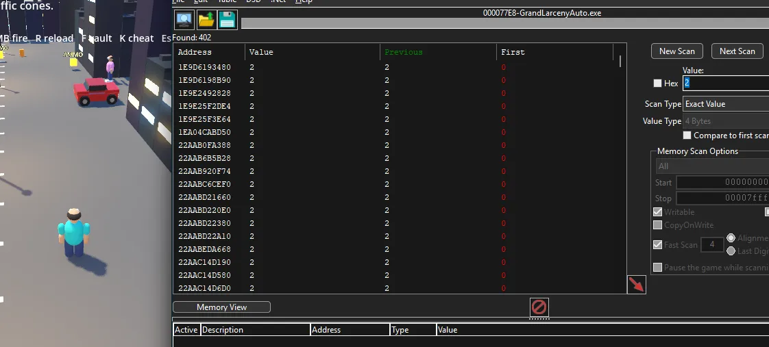 Cheat Engine narrowing exact-value results while Grand Larceny Auto runs beside it