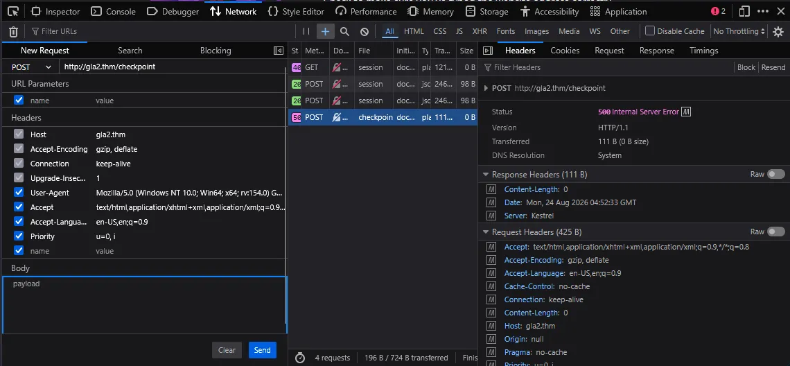 A manual checkpoint request in browser developer tools returning a server error