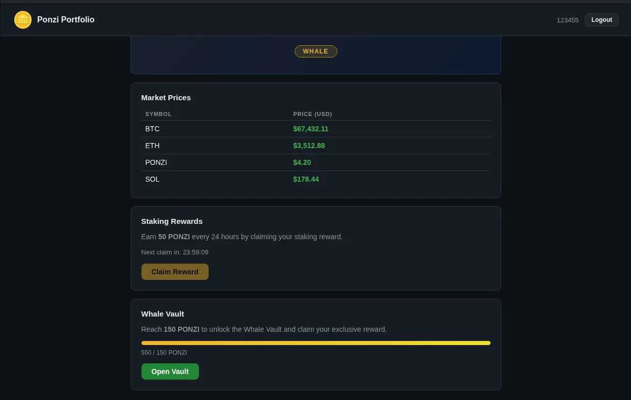 The refreshed dashboard showing a 550 PONZI balance and Whale status