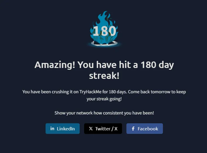 TryHackMe congratulating me on a 180-day streak
