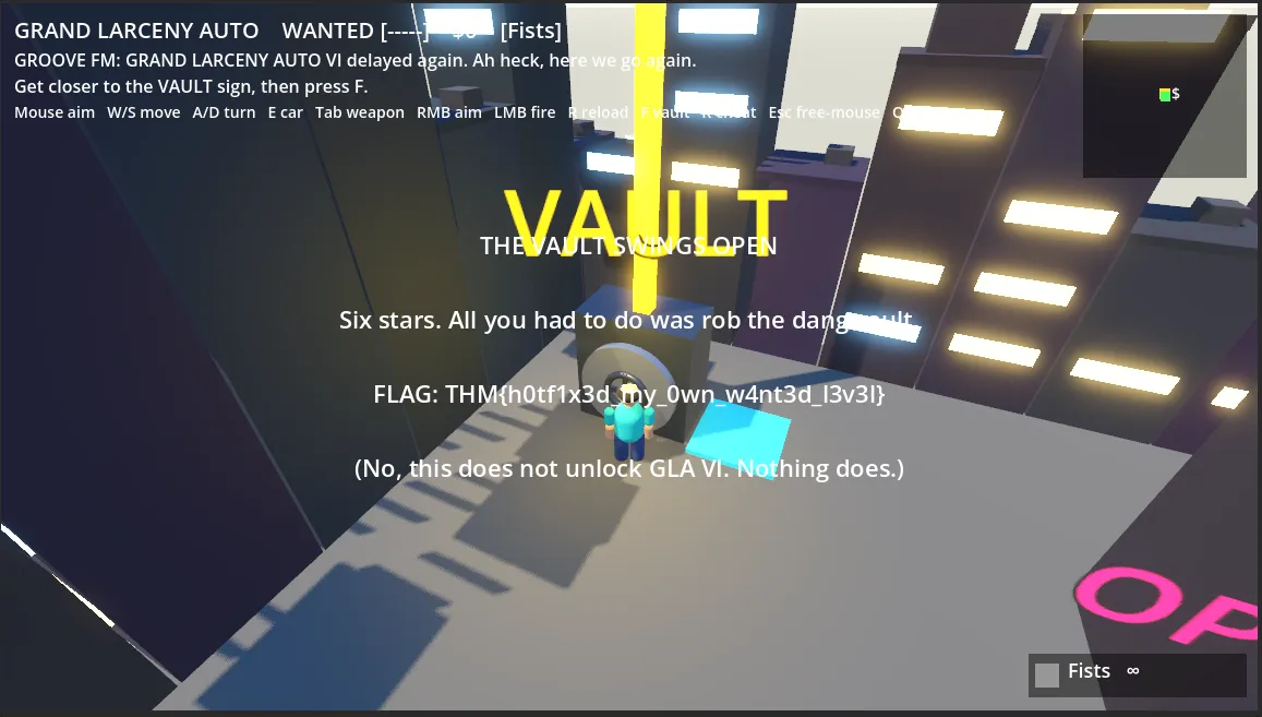 The rebuilt game opening the vault and displaying the accepted flag